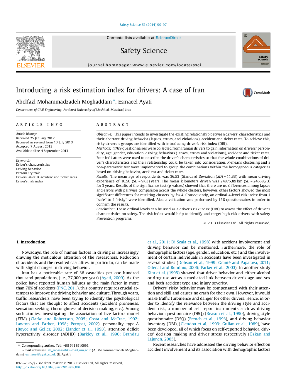 Introducing a risk estimation index for drivers: A case of Iran