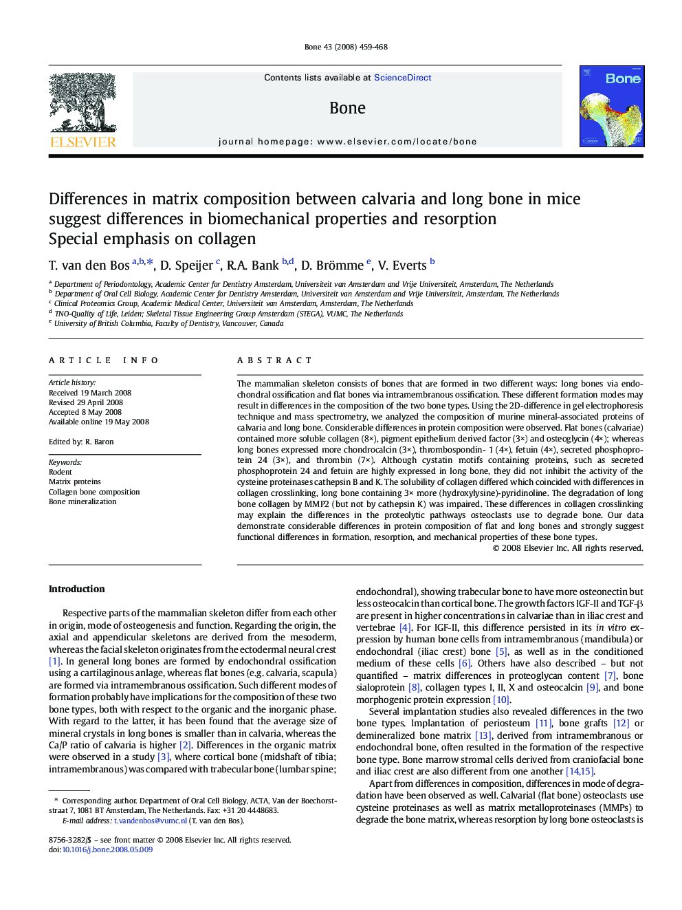 Differences in matrix composition between calvaria and long bone in mice suggest differences in biomechanical properties and resorption