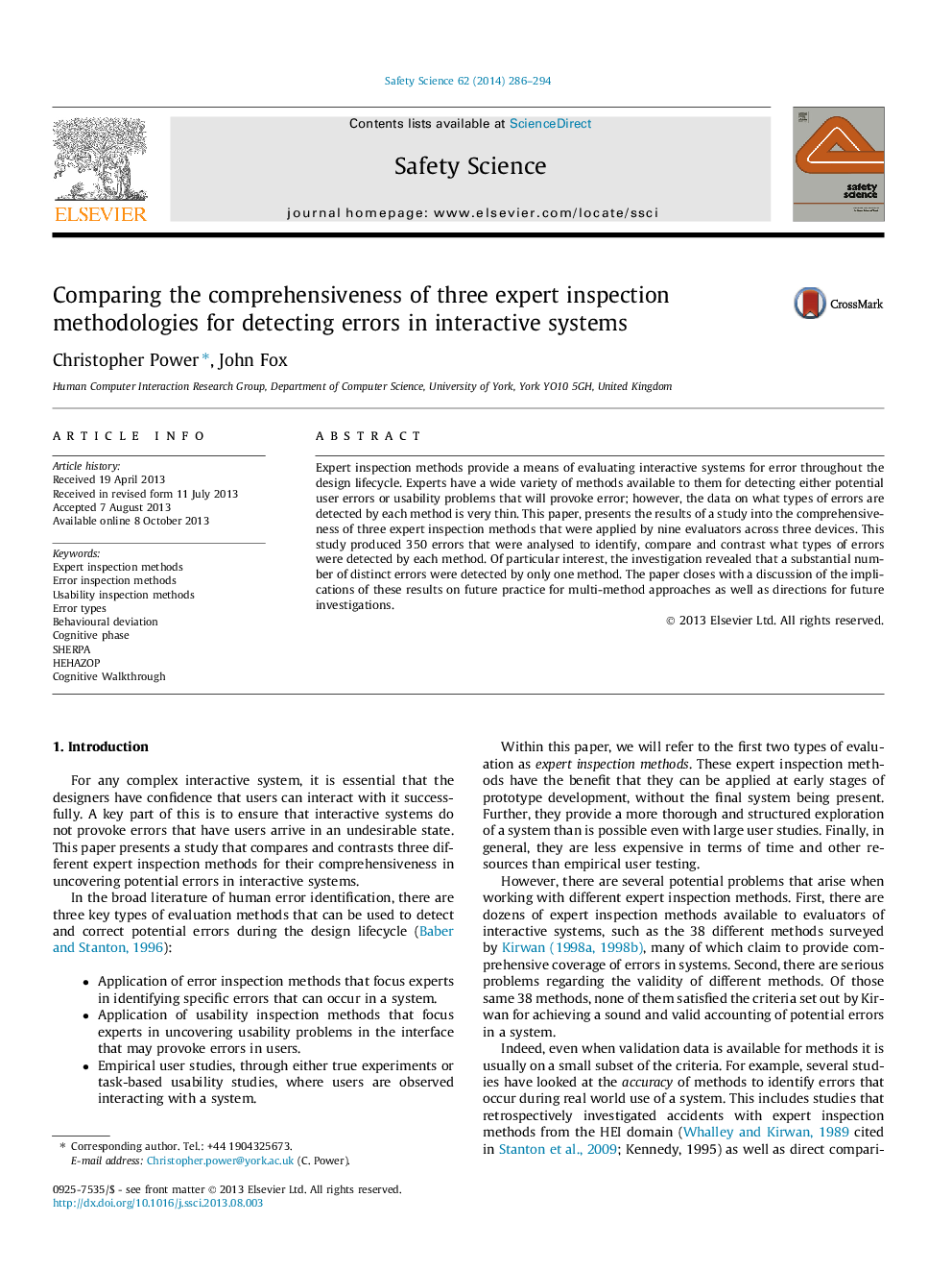 Comparing the comprehensiveness of three expert inspection methodologies for detecting errors in interactive systems