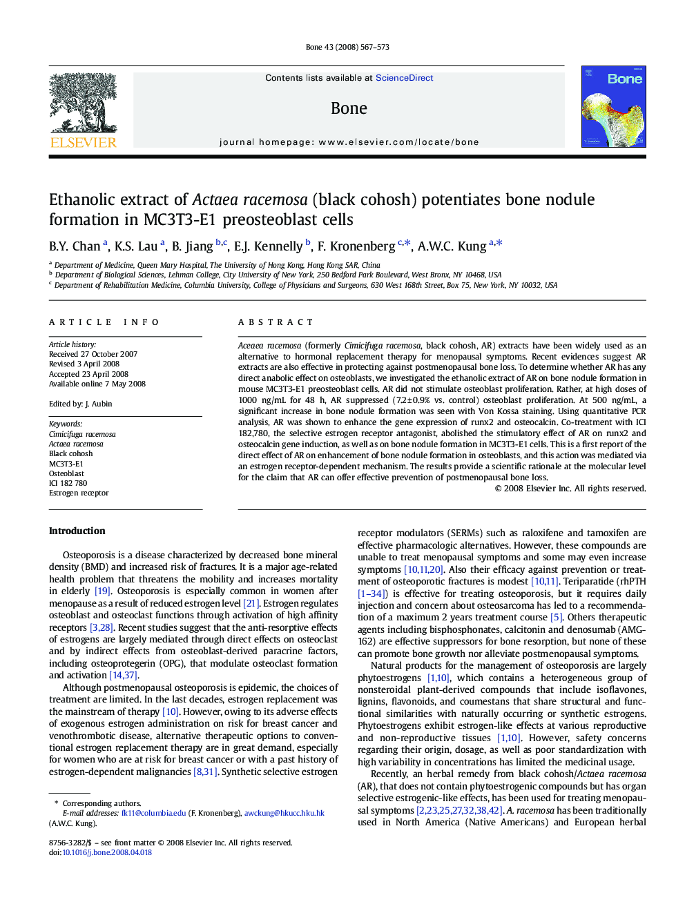 Ethanolic extract of Actaea racemosa (black cohosh) potentiates bone nodule formation in MC3T3-E1 preosteoblast cells