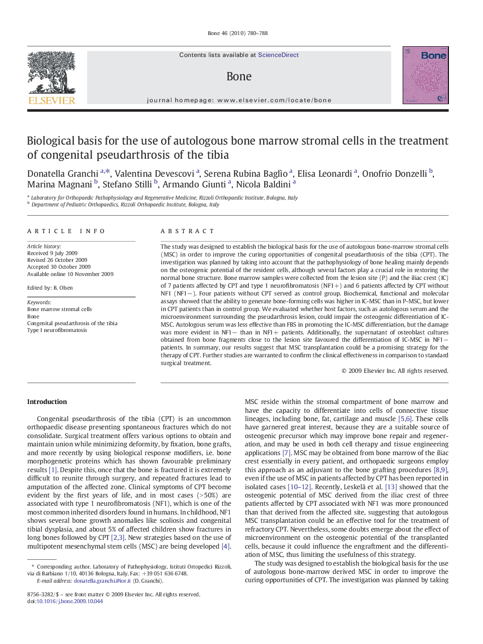 Biological basis for the use of autologous bone marrow stromal cells in the treatment of congenital pseudarthrosis of the tibia