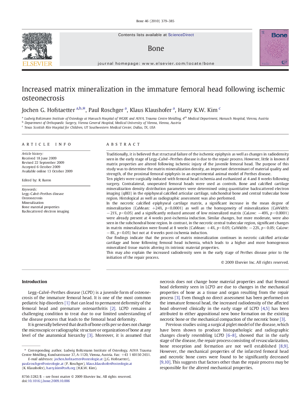 Increased matrix mineralization in the immature femoral head following ischemic osteonecrosis