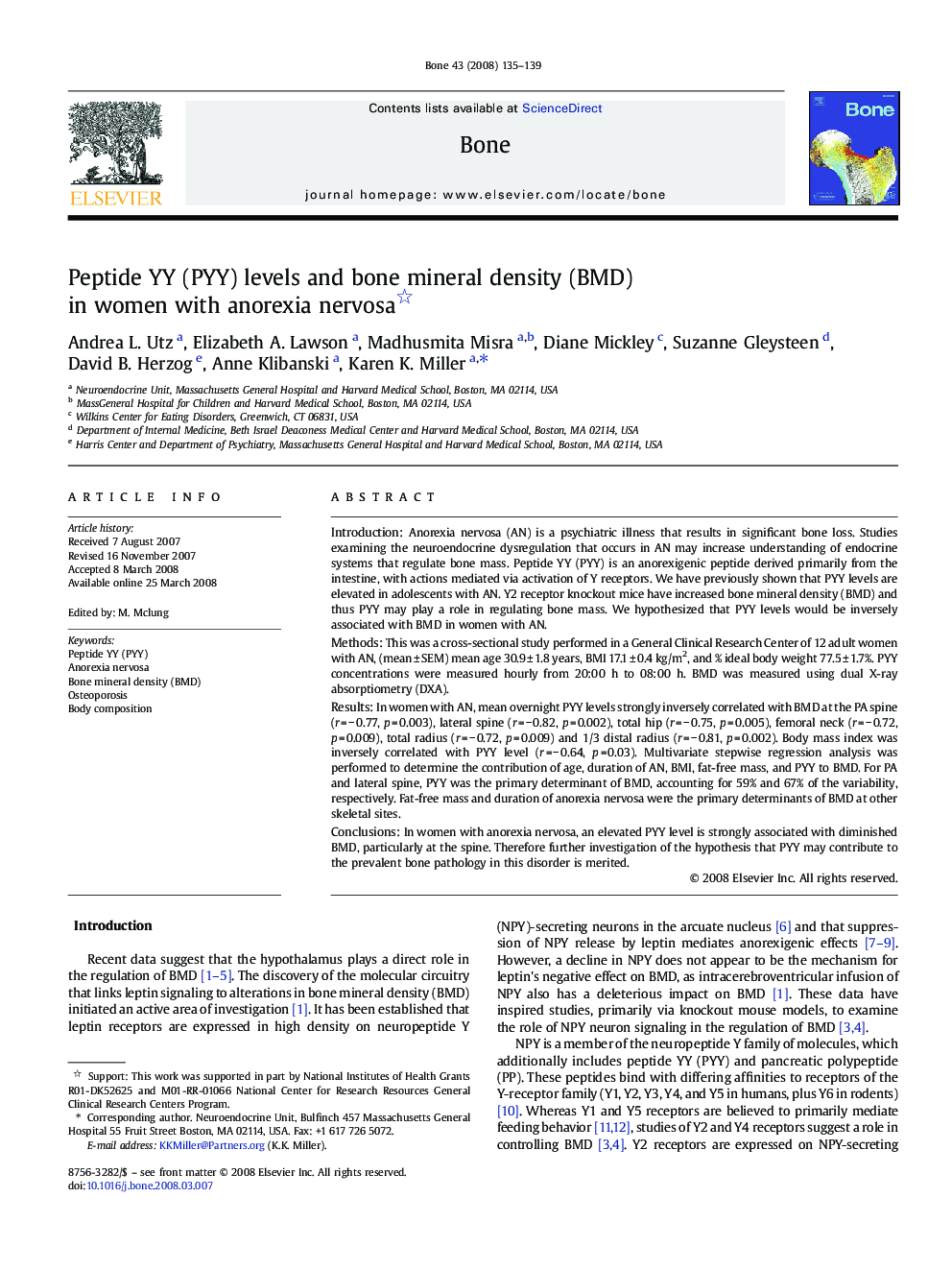 Peptide YY (PYY) levels and bone mineral density (BMD) in women with anorexia nervosa