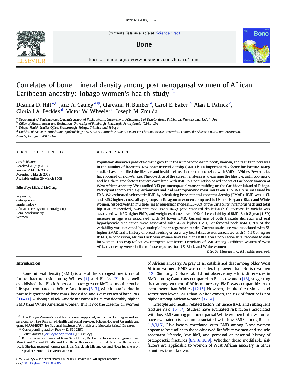 Correlates of bone mineral density among postmenopausal women of African Caribbean ancestry: Tobago women's health study