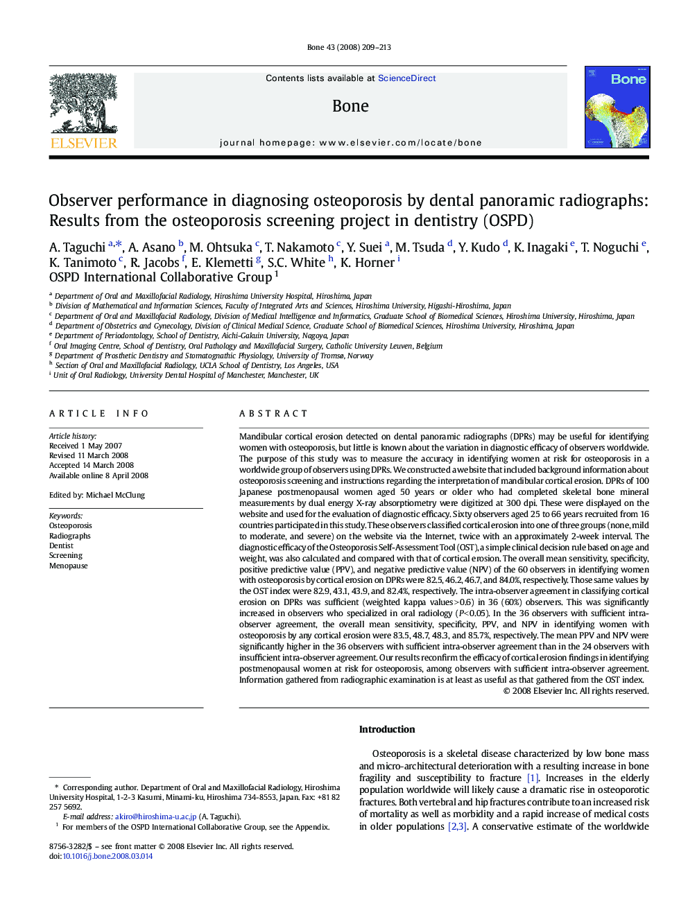 Observer performance in diagnosing osteoporosis by dental panoramic radiographs: Results from the osteoporosis screening project in dentistry (OSPD)