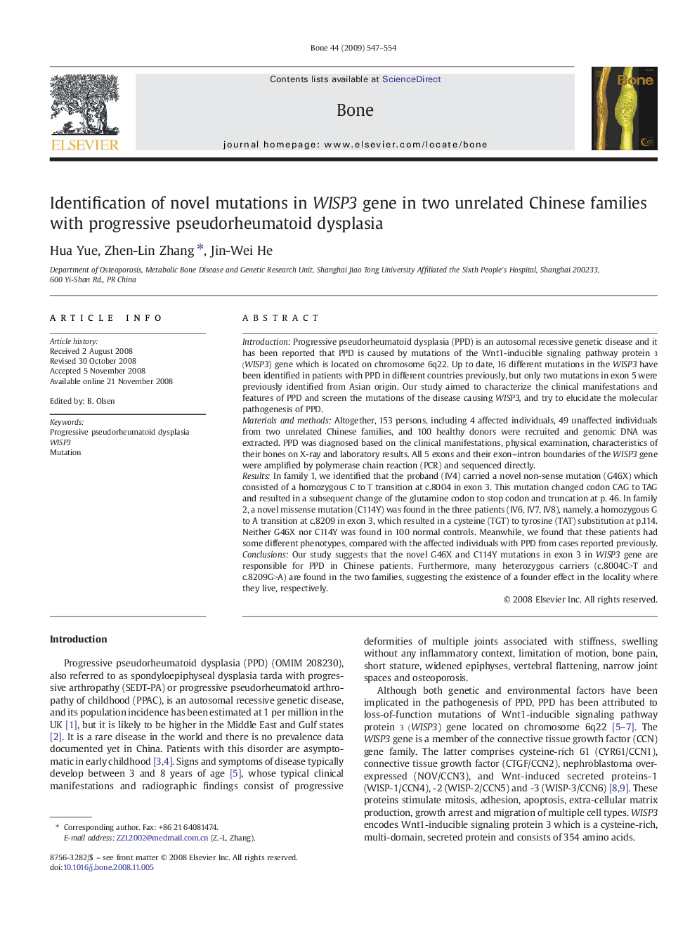 Identification of novel mutations in WISP3 gene in two unrelated Chinese families with progressive pseudorheumatoid dysplasia