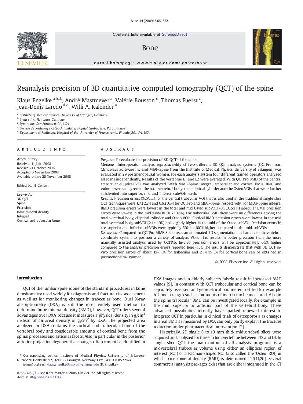 Reanalysis precision of 3D quantitative computed tomography (QCT) of the spine