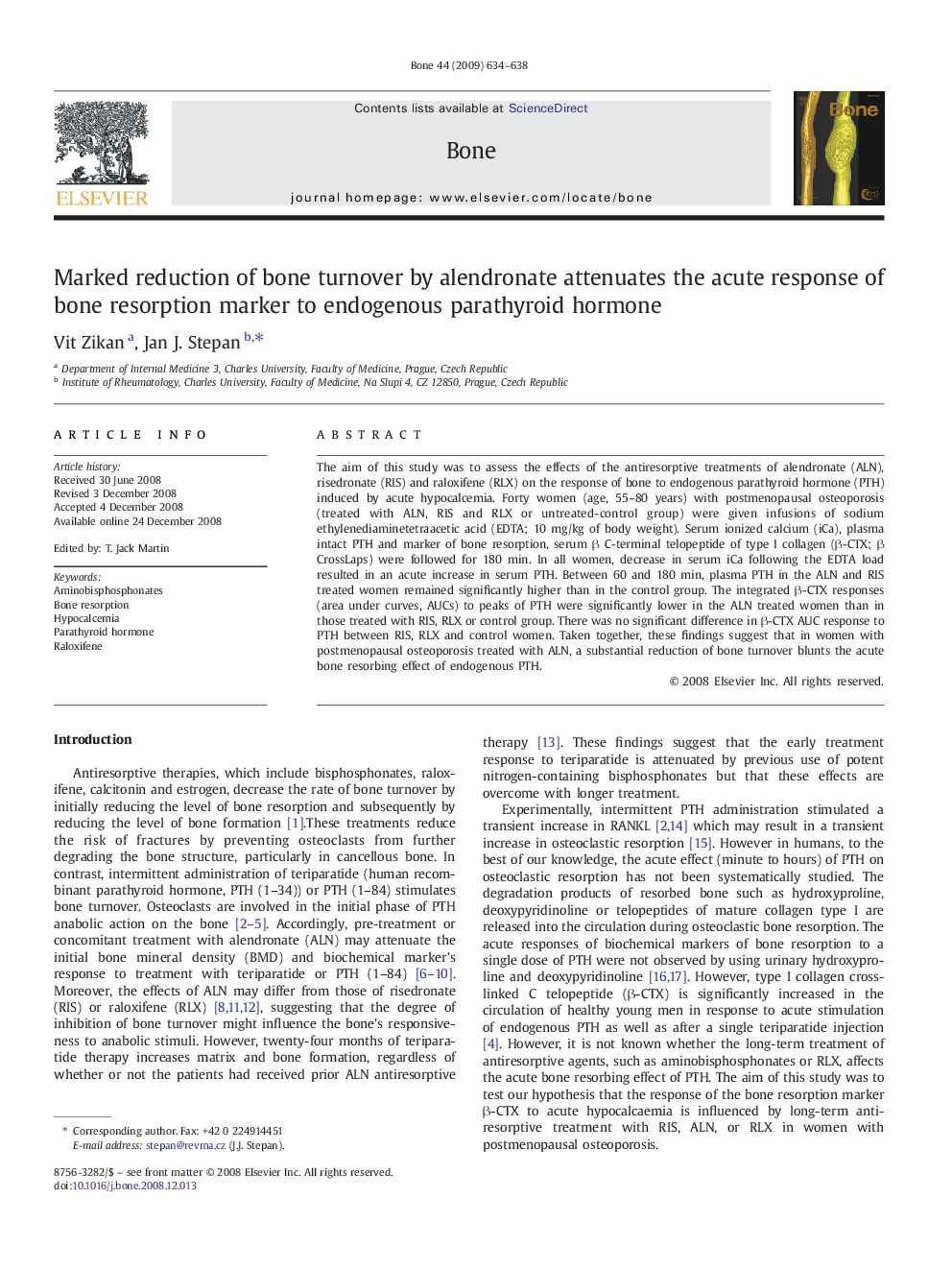 Marked reduction of bone turnover by alendronate attenuates the acute response of bone resorption marker to endogenous parathyroid hormone