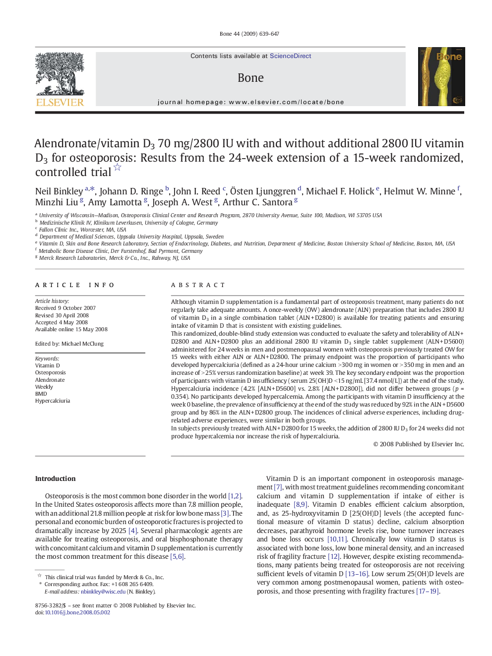 Alendronate/vitamin D3 70Â mg/2800Â IU with and without additional 2800Â IU vitamin D3 for osteoporosis: Results from the 24-week extension of a 15-week randomized, controlled trial