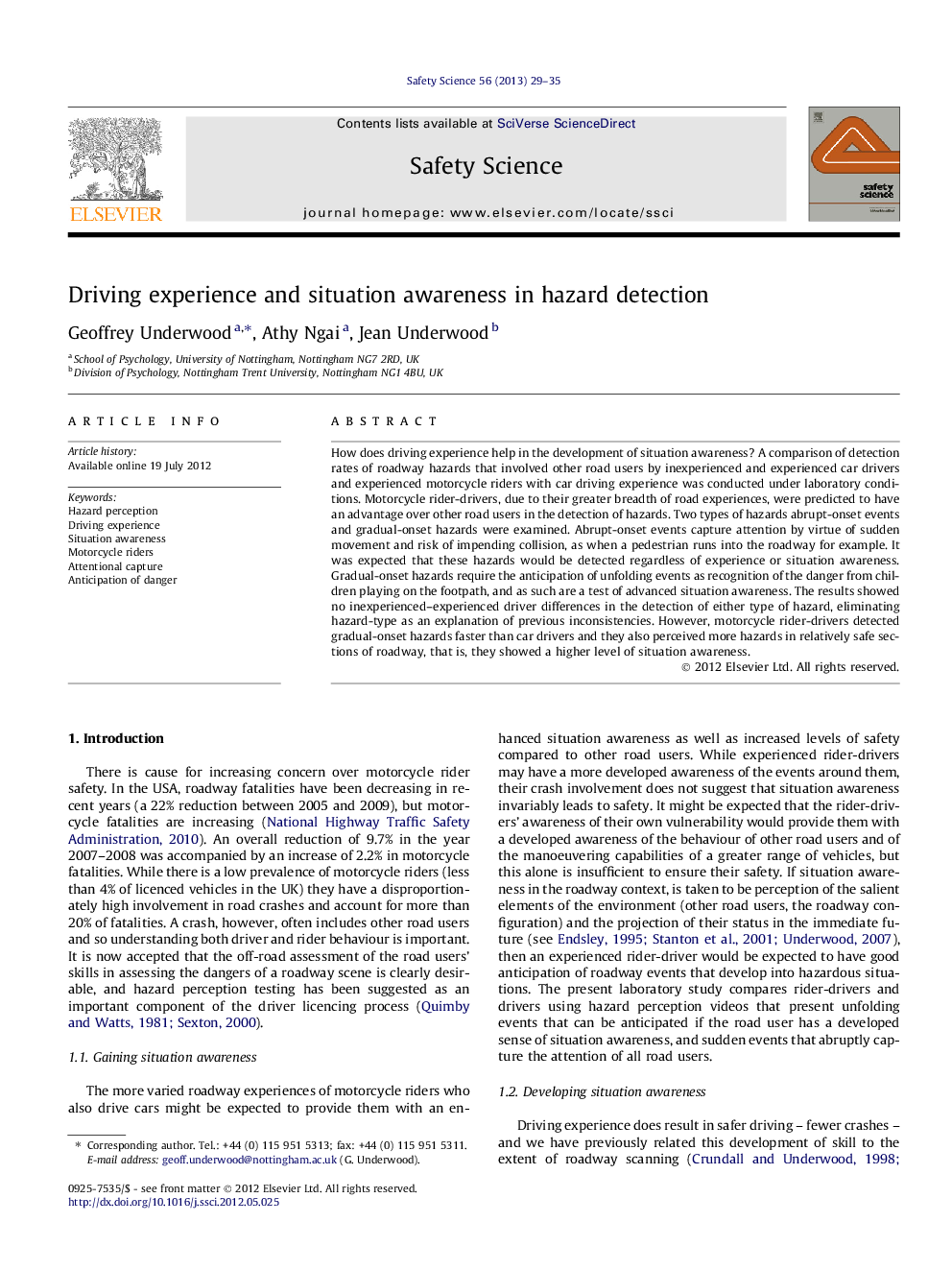 Driving experience and situation awareness in hazard detection