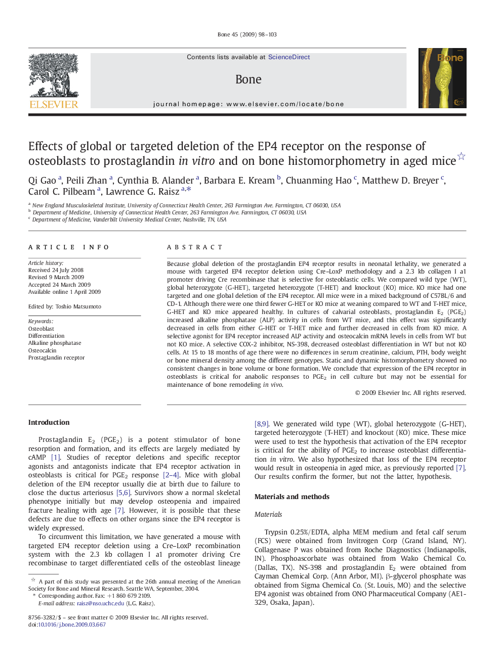 Effects of global or targeted deletion of the EP4 receptor on the response of osteoblasts to prostaglandin in vitro and on bone histomorphometry in aged mice