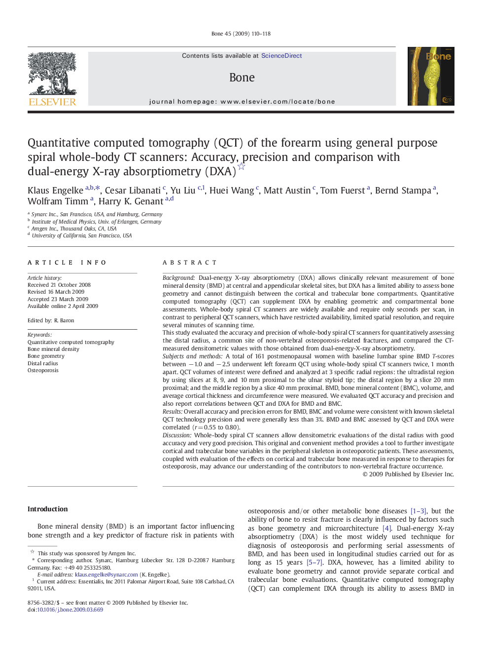 Quantitative computed tomography (QCT) of the forearm using general purpose spiral whole-body CT scanners: Accuracy, precision and comparison with dual-energy X-ray absorptiometry (DXA)