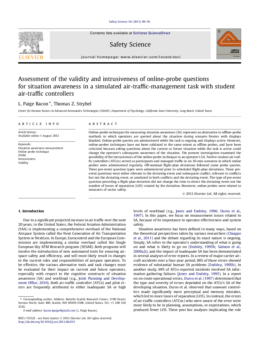 Assessment of the validity and intrusiveness of online-probe questions for situation awareness in a simulated air-traffic-management task with student air-traffic controllers