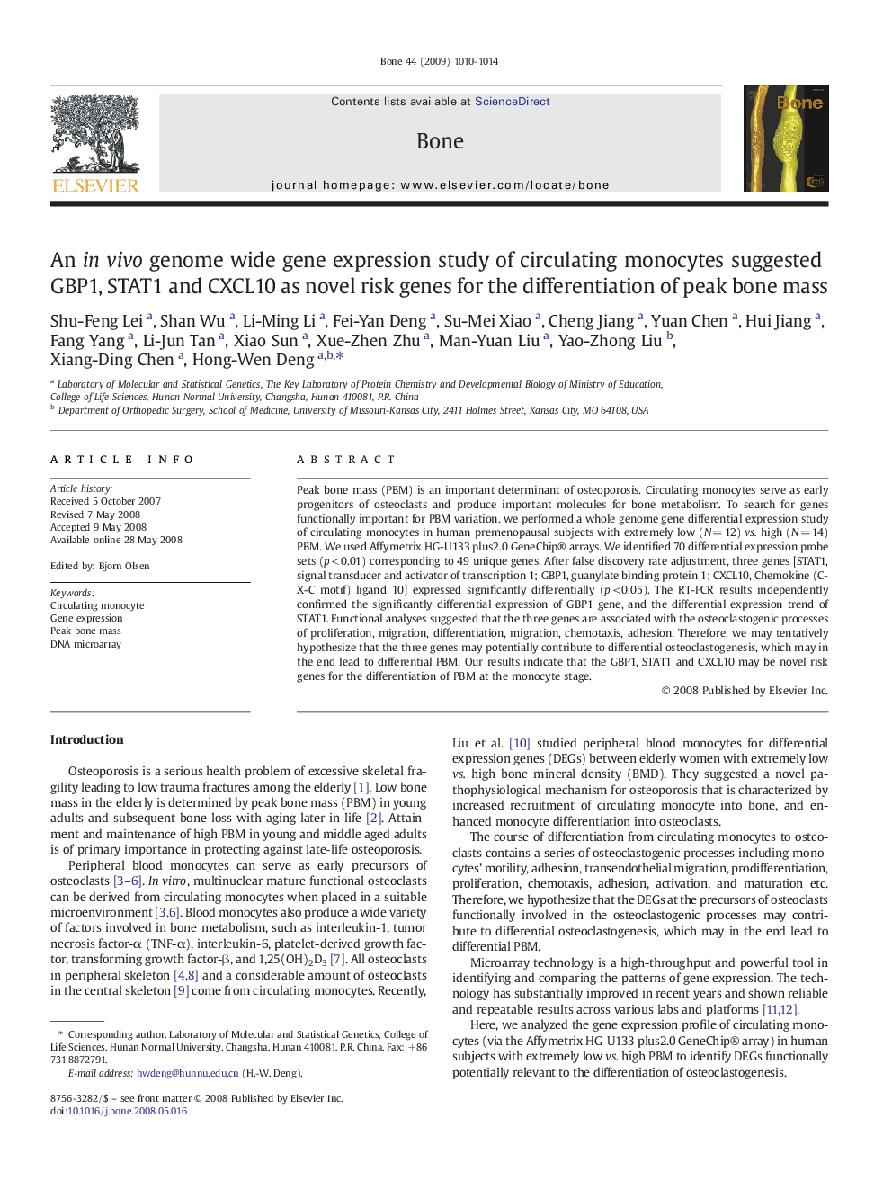 An in vivo genome wide gene expression study of circulating monocytes suggested GBP1, STAT1 and CXCL10 as novel risk genes for the differentiation of peak bone mass