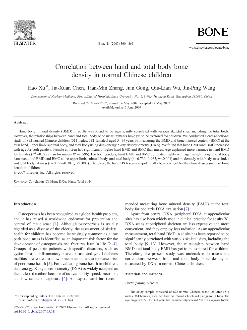 Correlation between hand and total body bone density in normal Chinese children