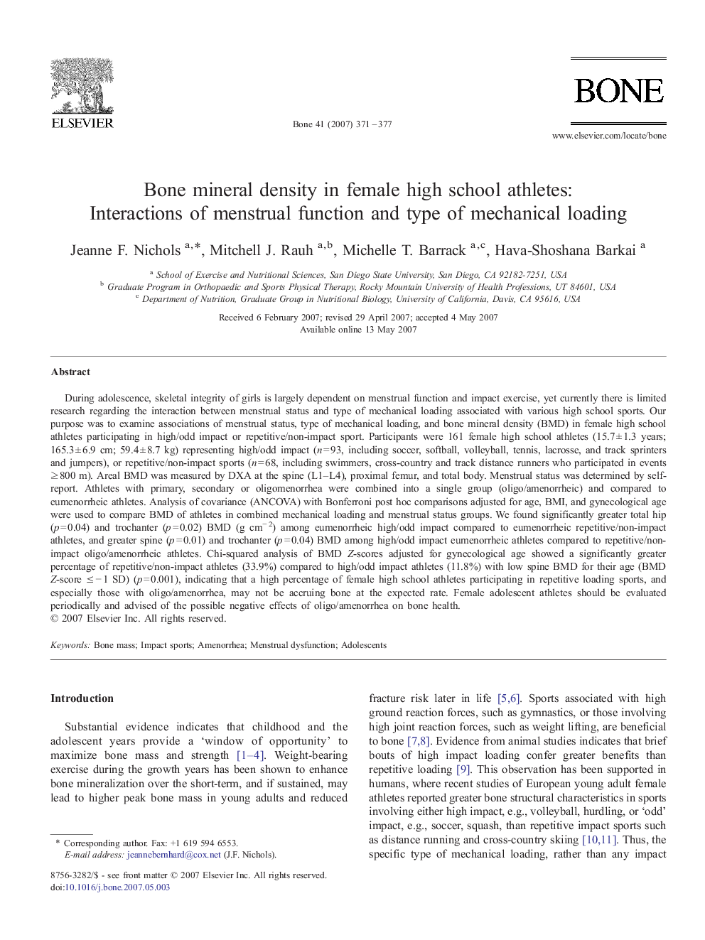 Bone mineral density in female high school athletes: Interactions of menstrual function and type of mechanical loading