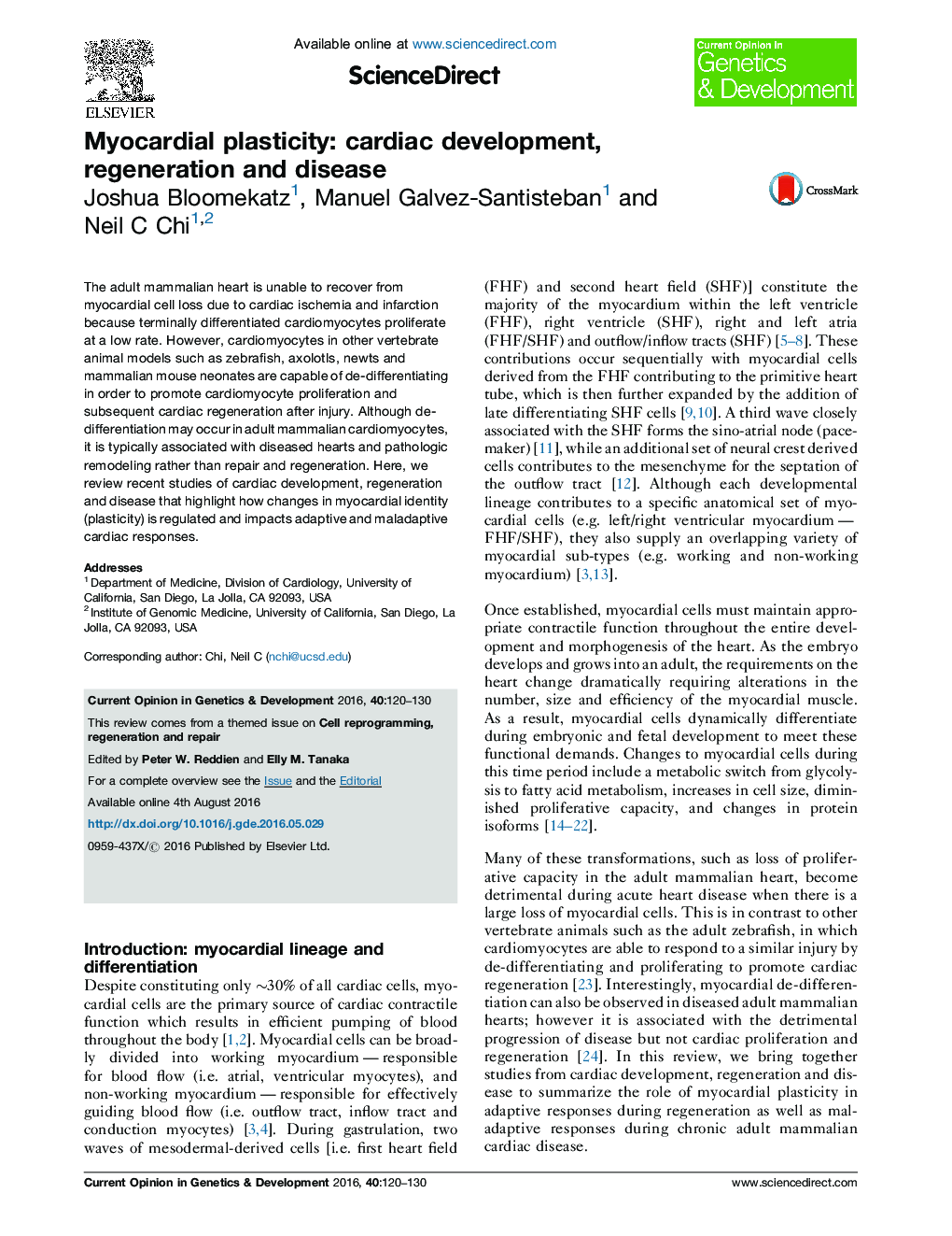 Myocardial plasticity: cardiac development, regeneration and disease