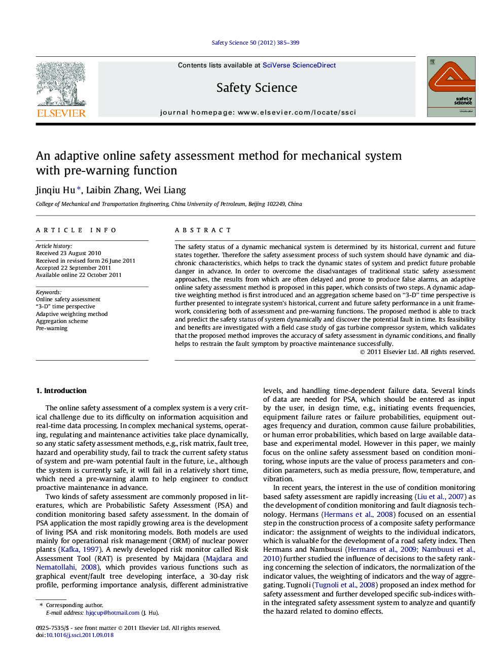 An adaptive online safety assessment method for mechanical system with pre-warning function