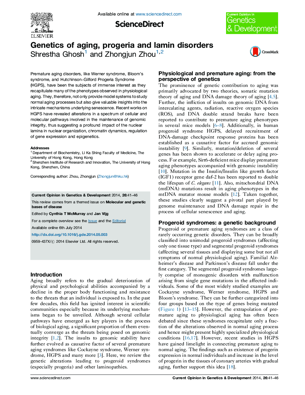 Genetics of aging, progeria and lamin disorders