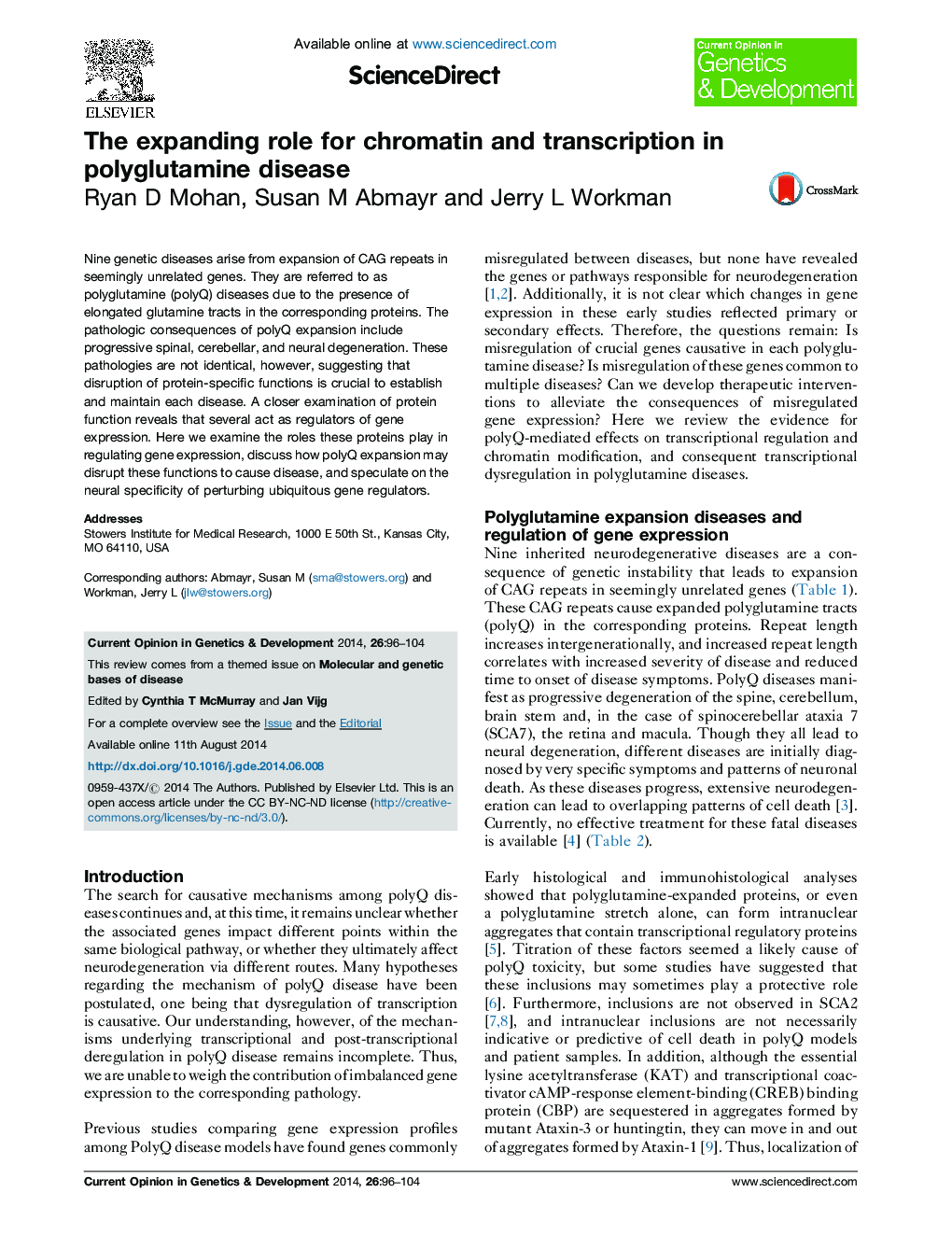 The expanding role for chromatin and transcription in polyglutamine disease