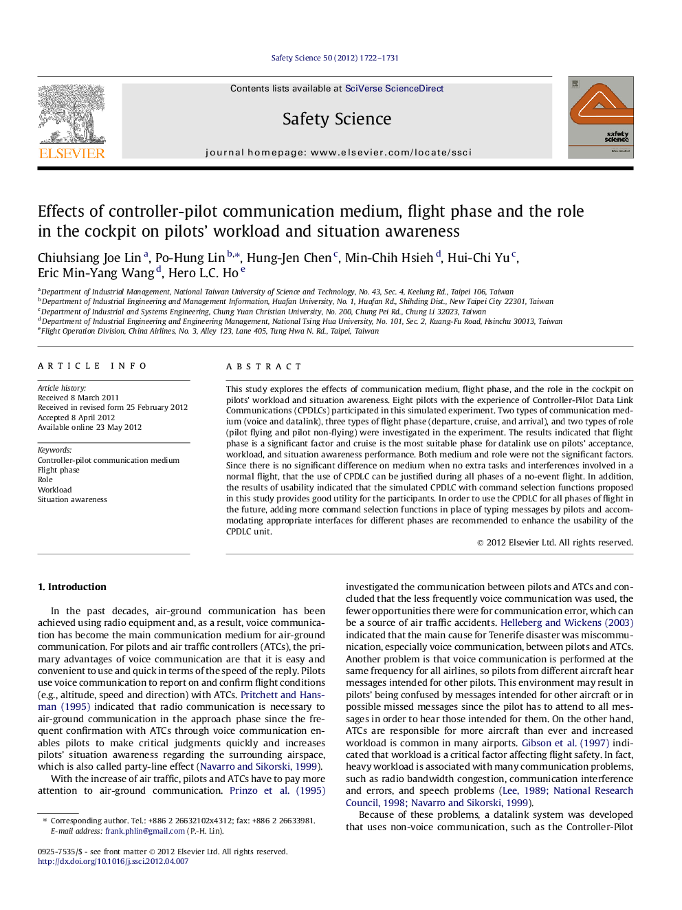 Effects of controller-pilot communication medium, flight phase and the role in the cockpit on pilots’ workload and situation awareness