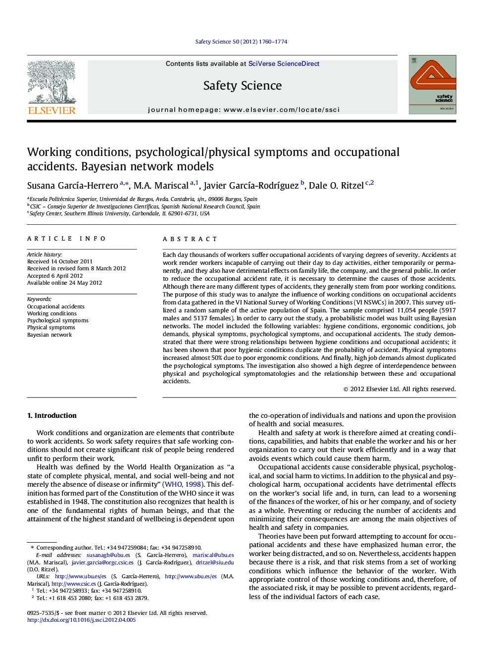 Working conditions, psychological/physical symptoms and occupational accidents. Bayesian network models