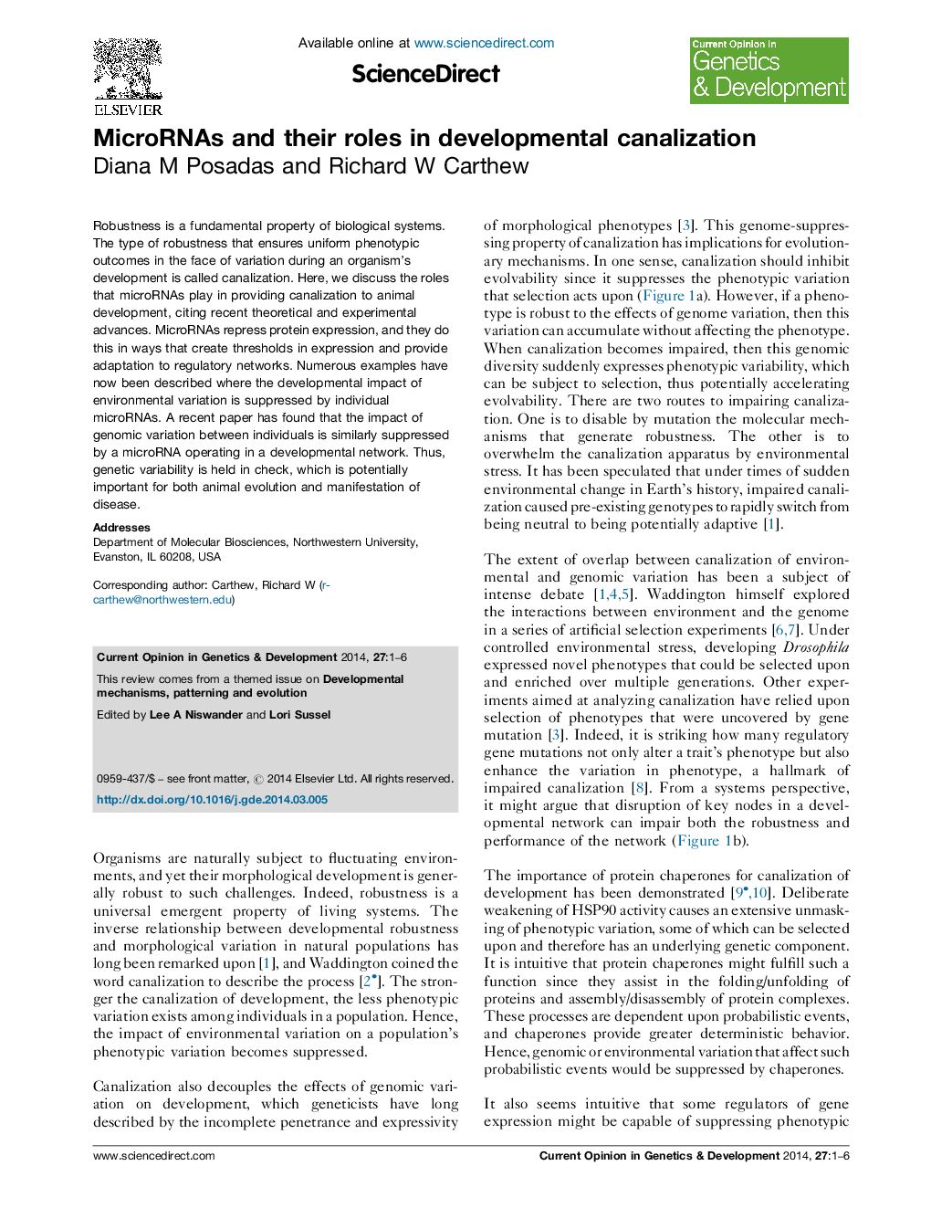 MicroRNAs and their roles in developmental canalization