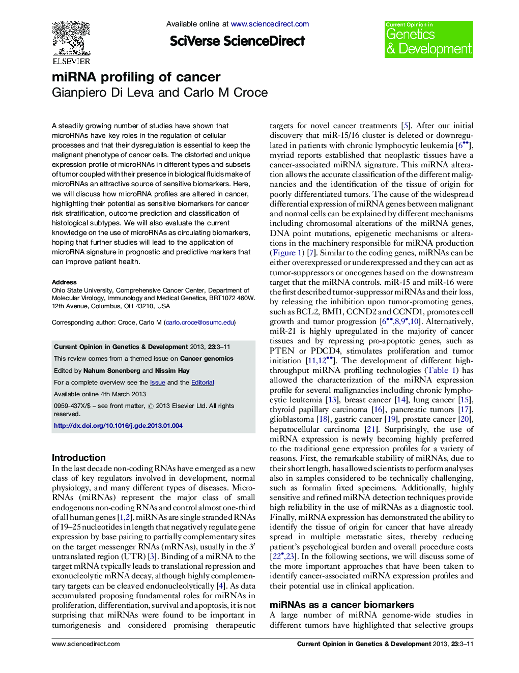 miRNA profiling of cancer