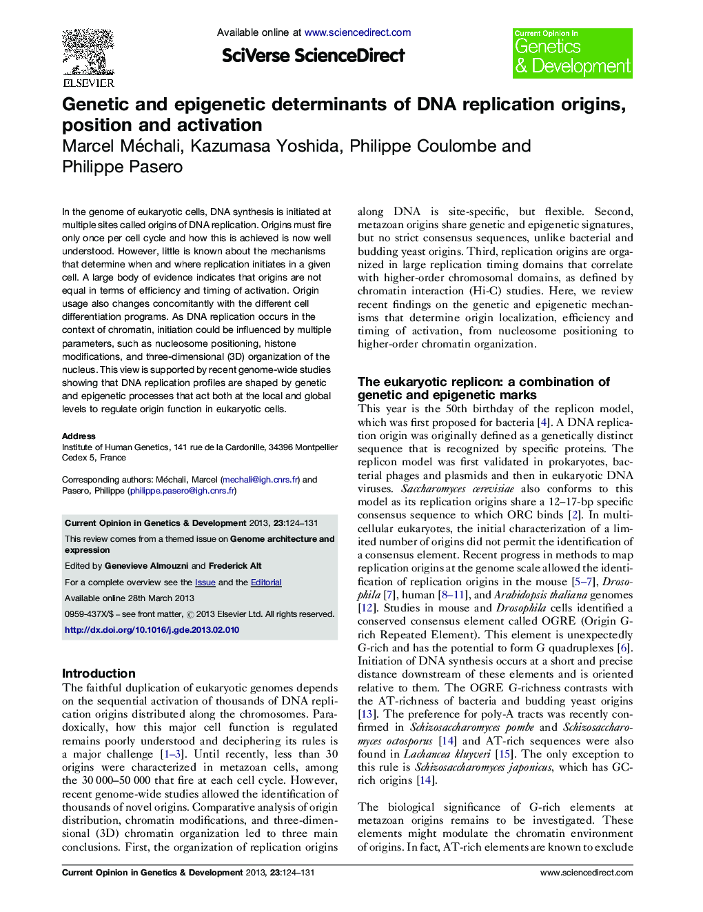 Genetic and epigenetic determinants of DNA replication origins, position and activation