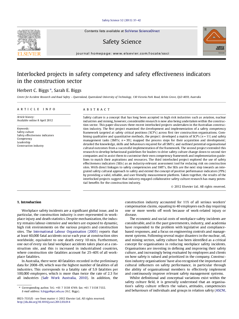 Interlocked projects in safety competency and safety effectiveness indicators in the construction sector