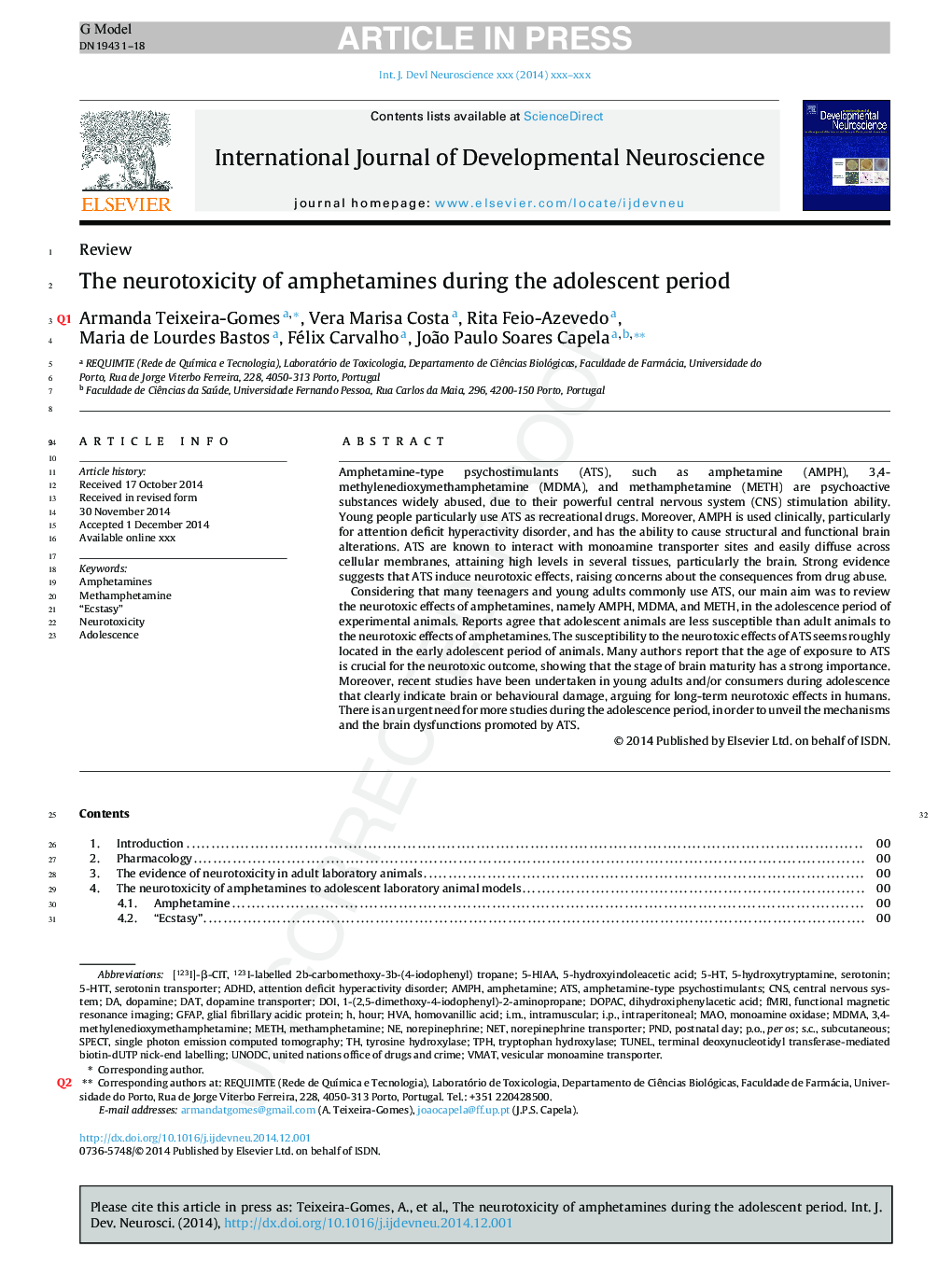 The neurotoxicity of amphetamines during the adolescent period