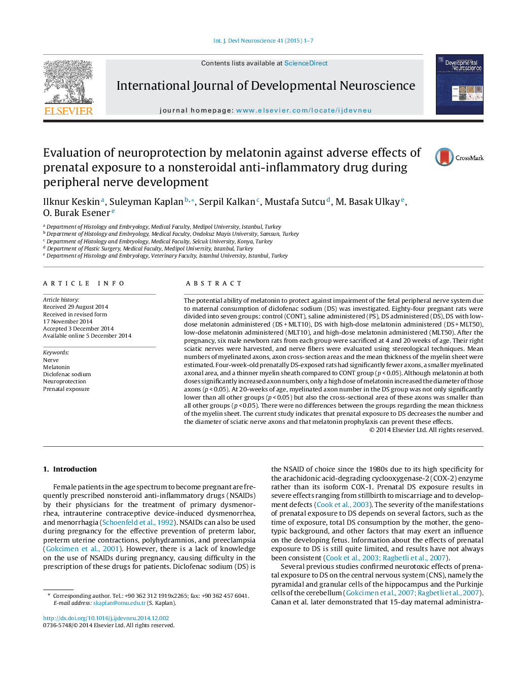 Evaluation of neuroprotection by melatonin against adverse effects of prenatal exposure to a nonsteroidal anti-inflammatory drug during peripheral nerve development