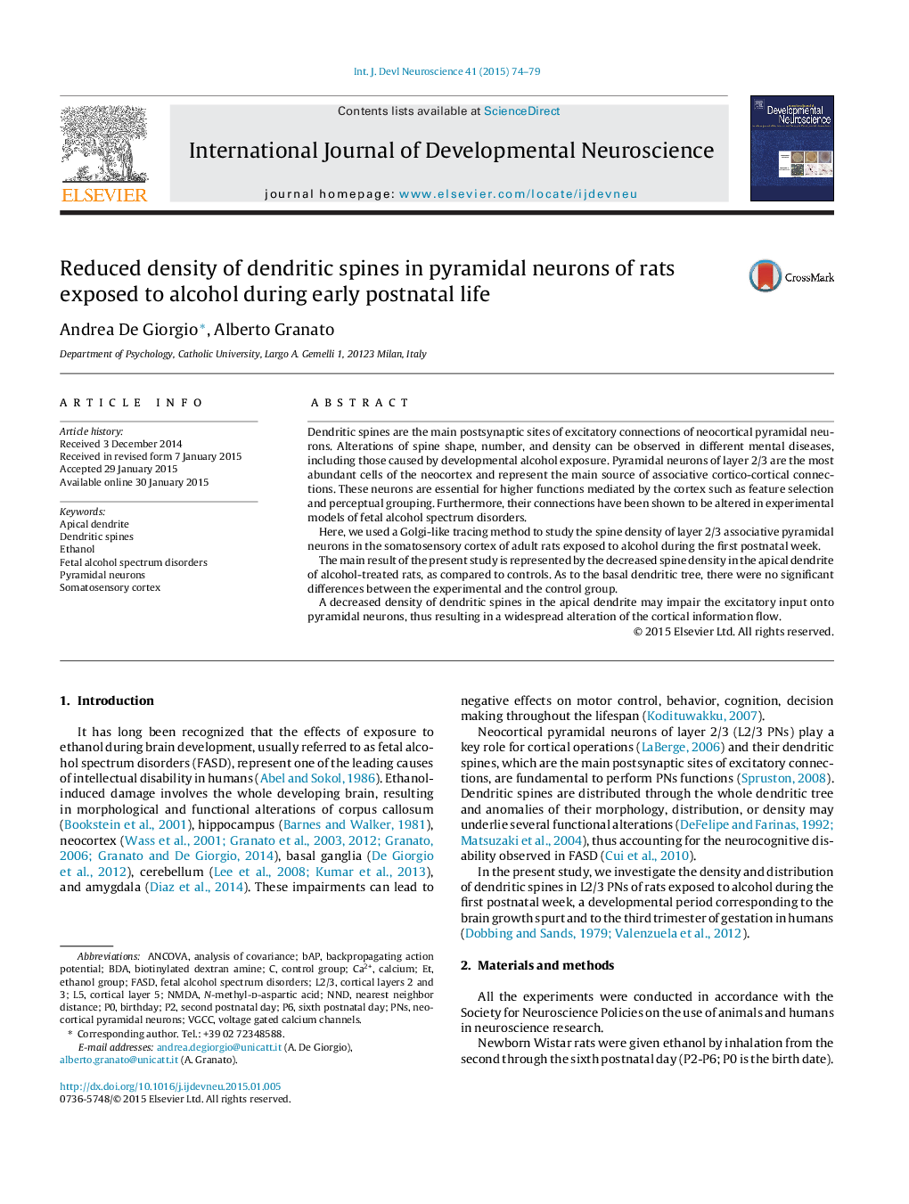 Reduced density of dendritic spines in pyramidal neurons of rats exposed to alcohol during early postnatal life