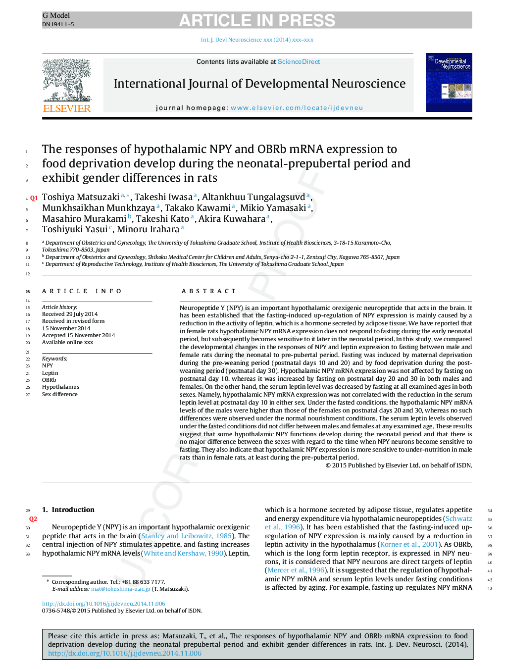 The responses of hypothalamic NPY and OBRb mRNA expression to food deprivation develop during the neonatal-prepubertal period and exhibit gender differences in rats
