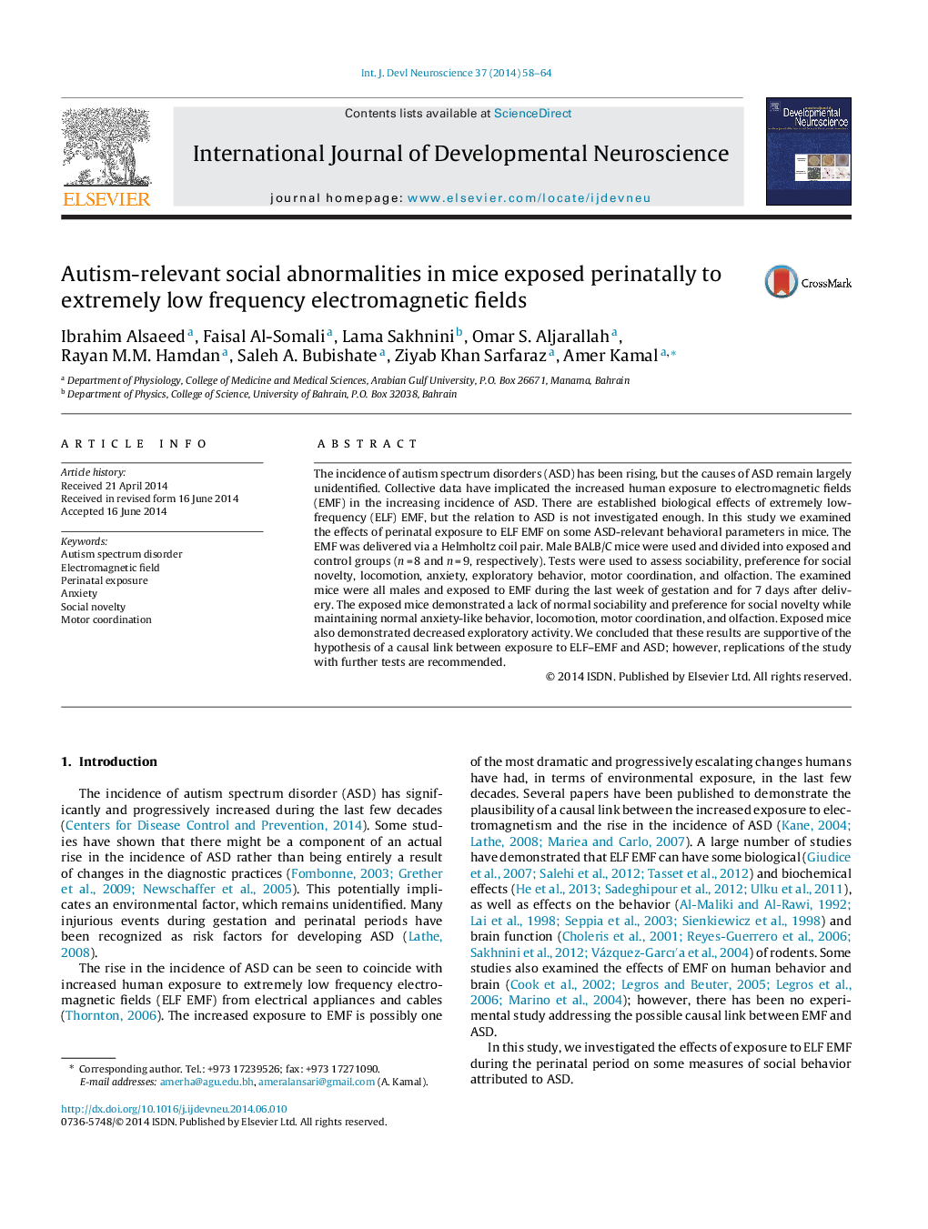 Autism-relevant social abnormalities in mice exposed perinatally to extremely low frequency electromagnetic fields