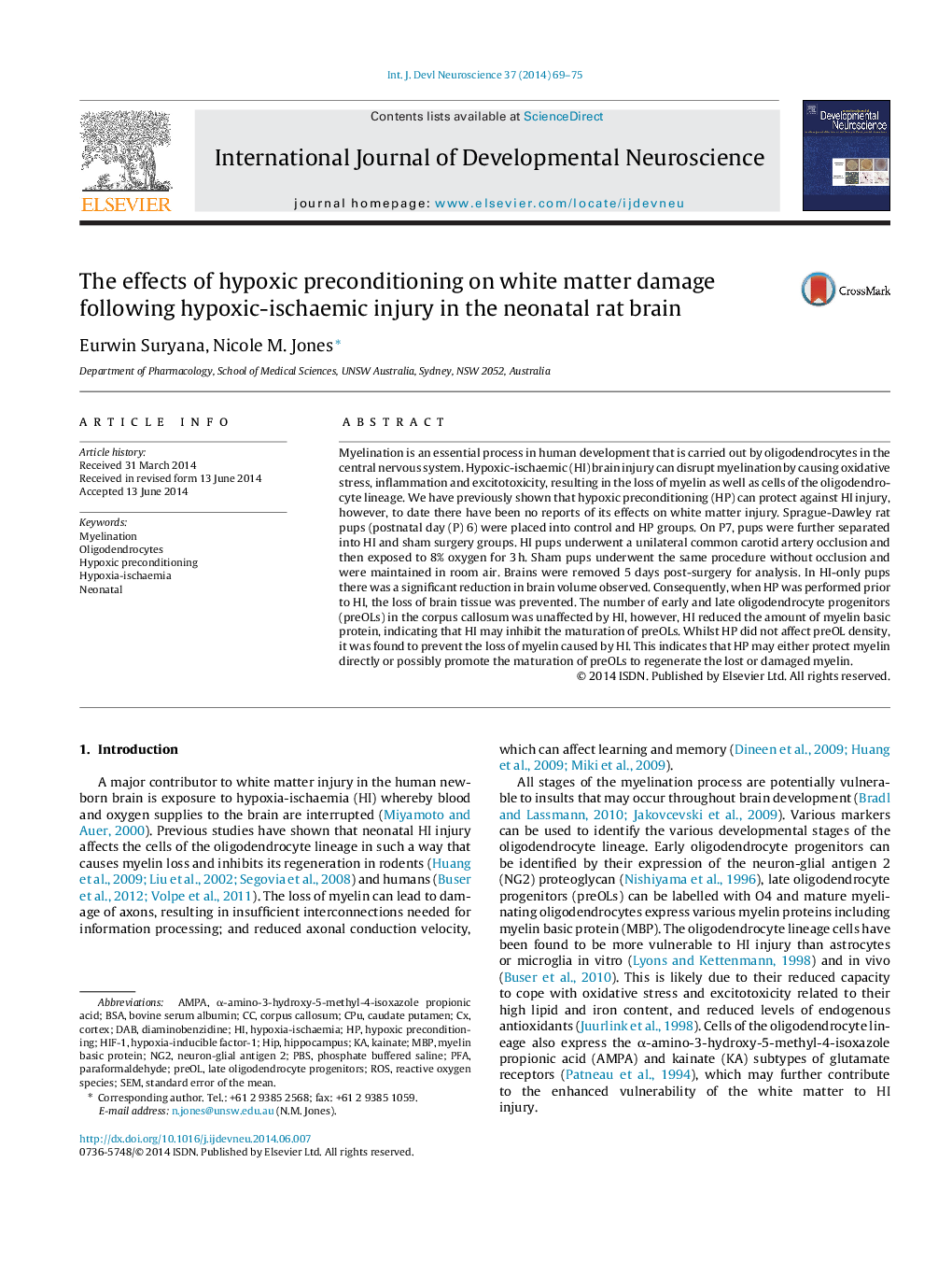 The effects of hypoxic preconditioning on white matter damage following hypoxic-ischaemic injury in the neonatal rat brain