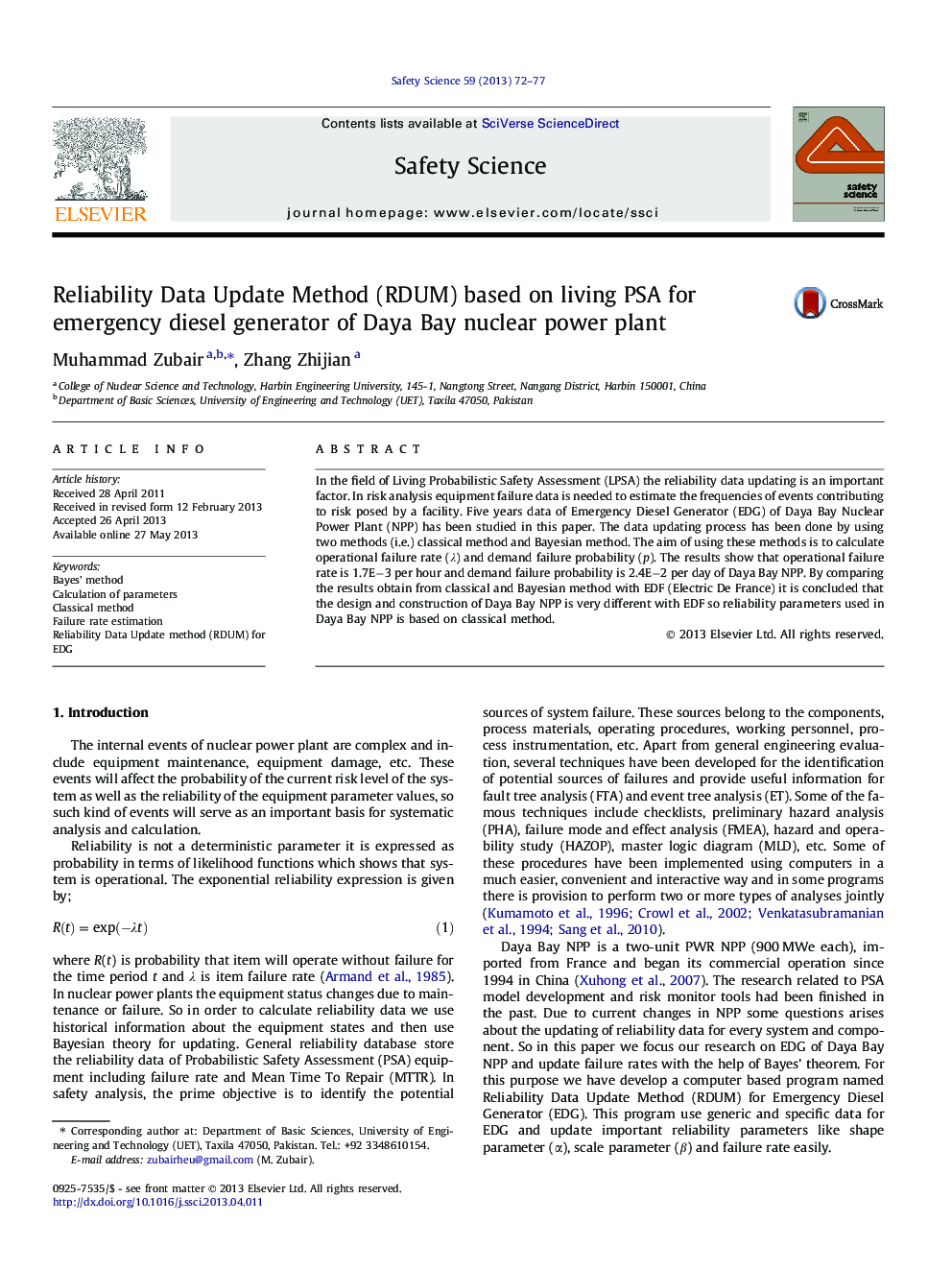 Reliability Data Update Method (RDUM) based on living PSA for emergency diesel generator of Daya Bay nuclear power plant