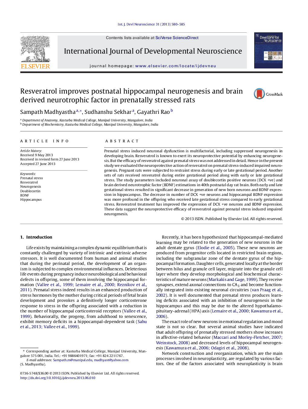 Resveratrol improves postnatal hippocampal neurogenesis and brain derived neurotrophic factor in prenatally stressed rats