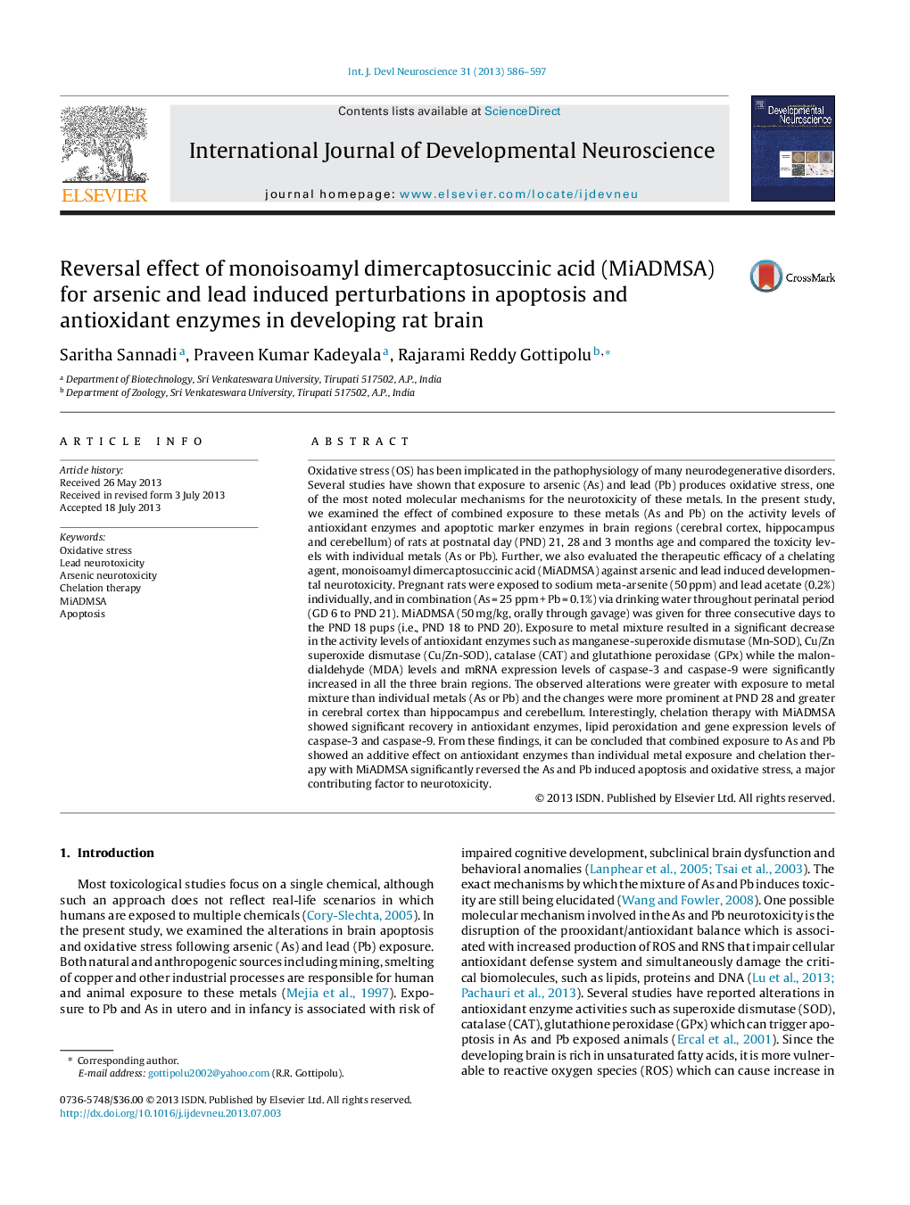 Reversal effect of monoisoamyl dimercaptosuccinic acid (MiADMSA) for arsenic and lead induced perturbations in apoptosis and antioxidant enzymes in developing rat brain