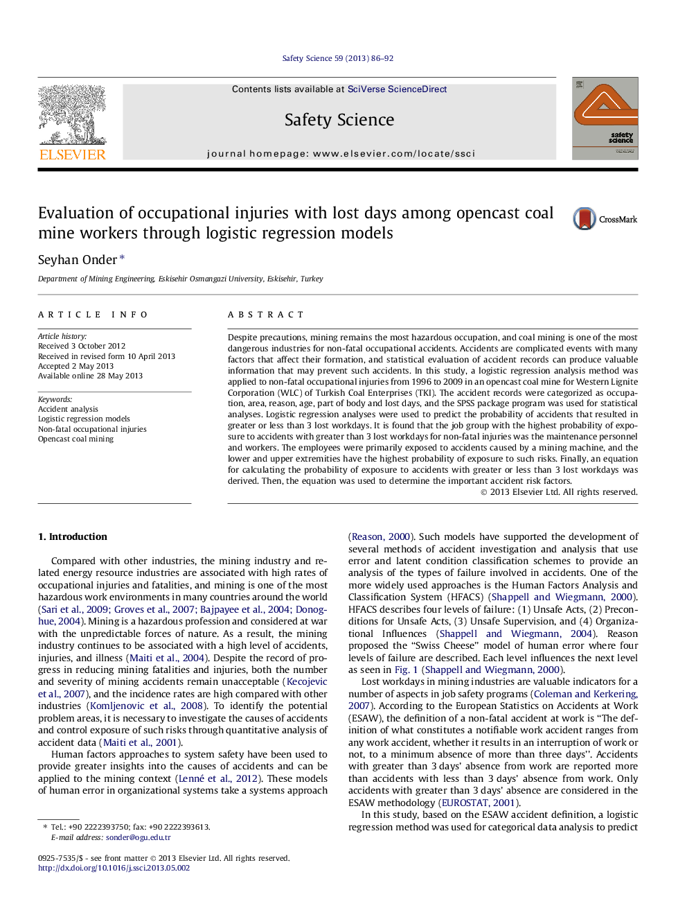 Evaluation of occupational injuries with lost days among opencast coal mine workers through logistic regression models