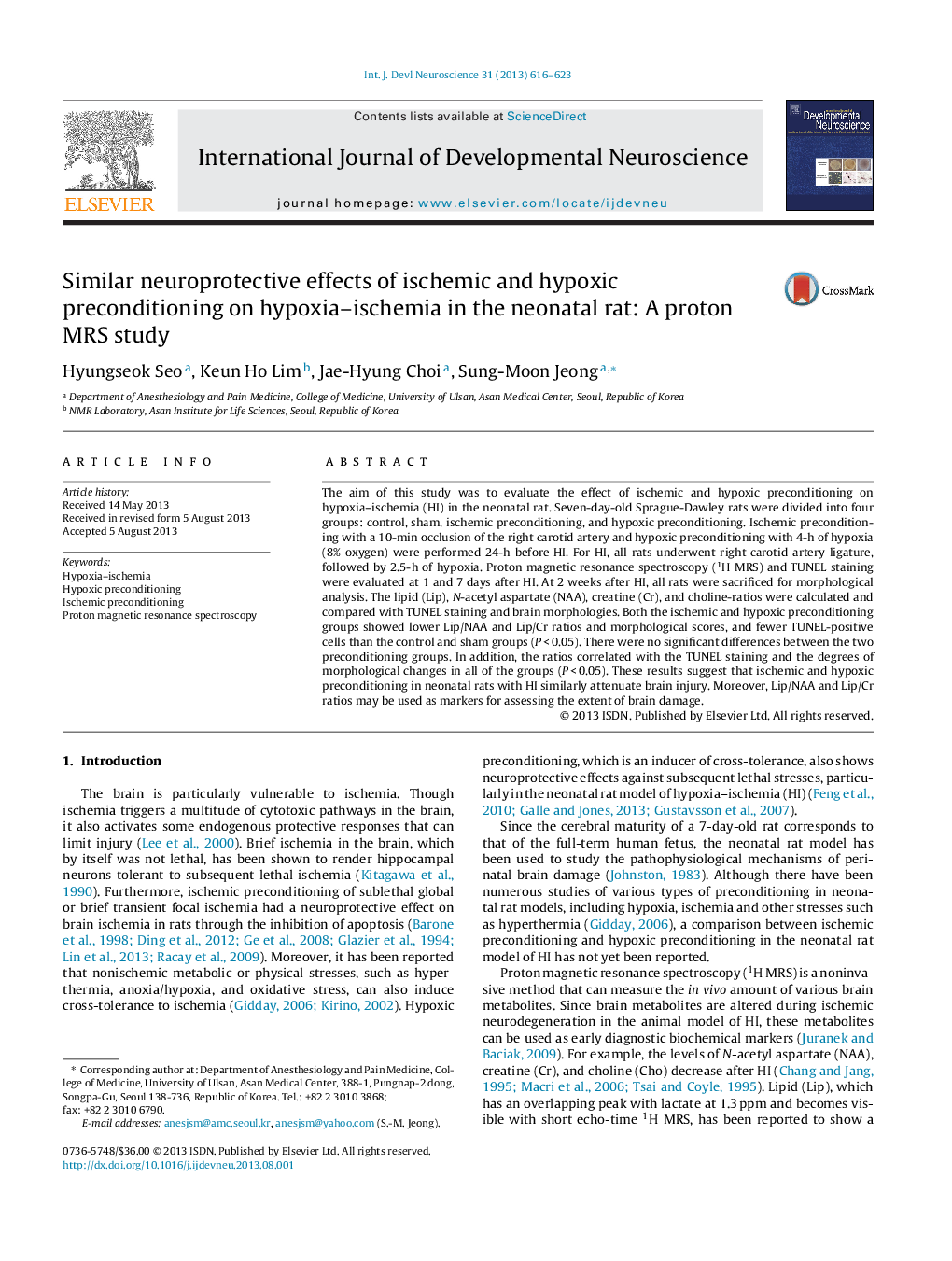 Similar neuroprotective effects of ischemic and hypoxic preconditioning on hypoxia-ischemia in the neonatal rat: A proton MRS study