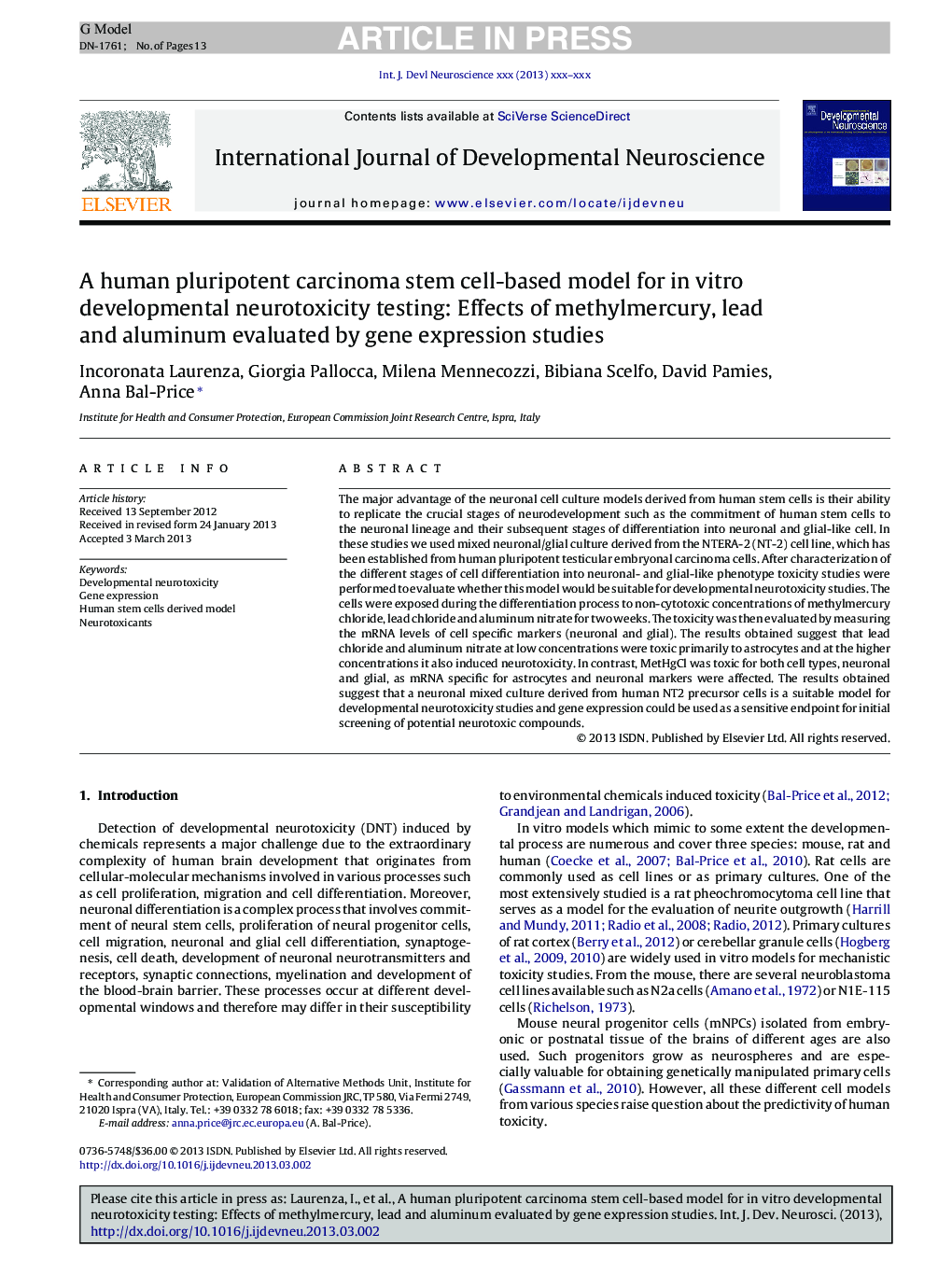 A human pluripotent carcinoma stem cell-based model for in vitro developmental neurotoxicity testing: Effects of methylmercury, lead and aluminum evaluated by gene expression studies