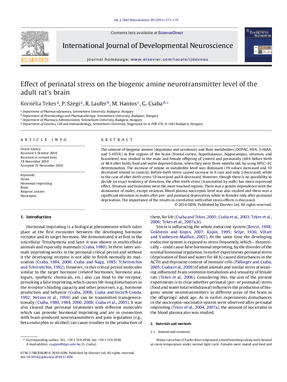 Effect of perinatal stress on the biogenic amine neurotransmitter level of the adult rat's brain