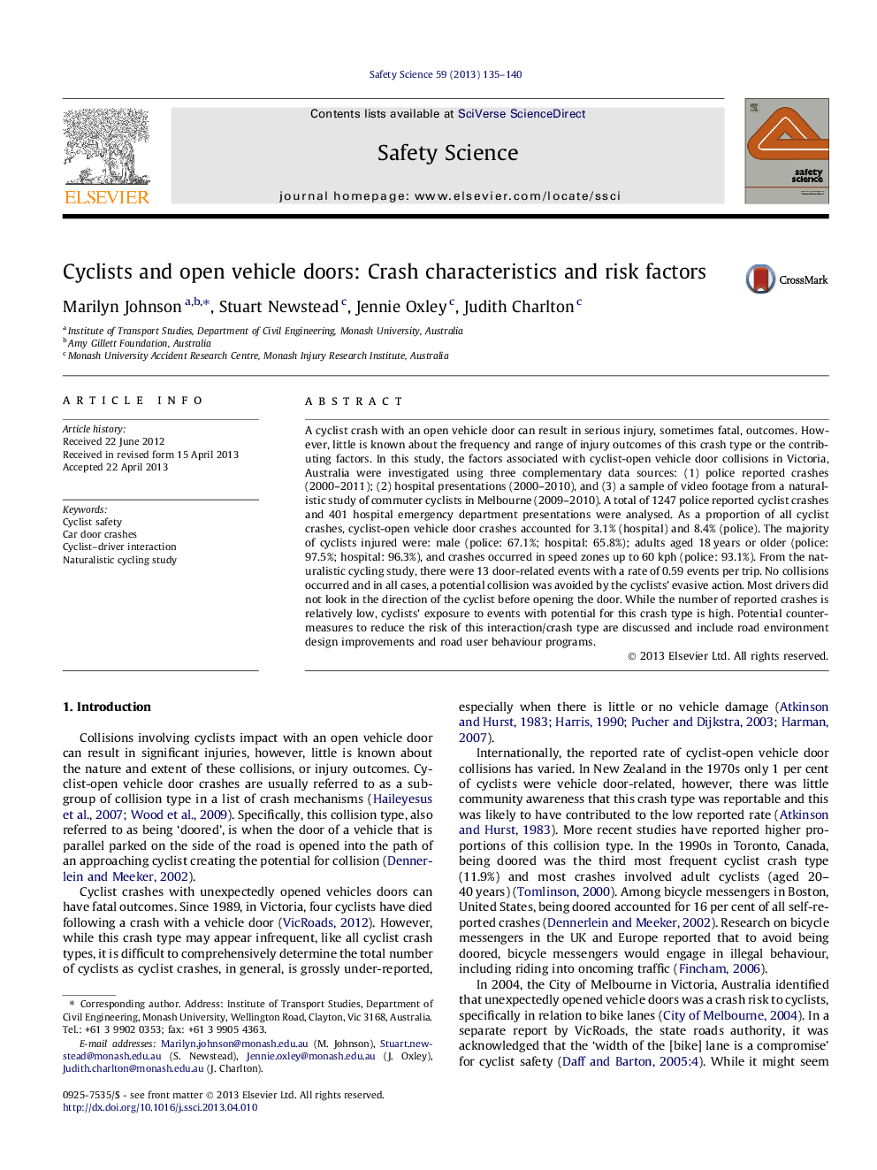 Cyclists and open vehicle doors: Crash characteristics and risk factors