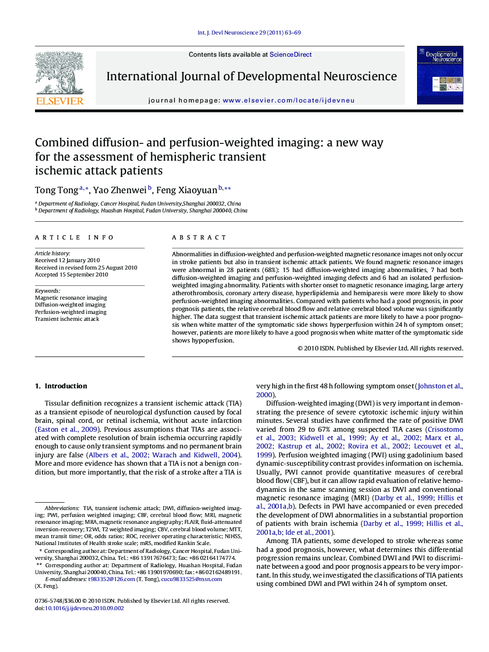 Combined diffusion- and perfusion-weighted imaging: a new way for the assessment of hemispheric transient ischemic attack patients