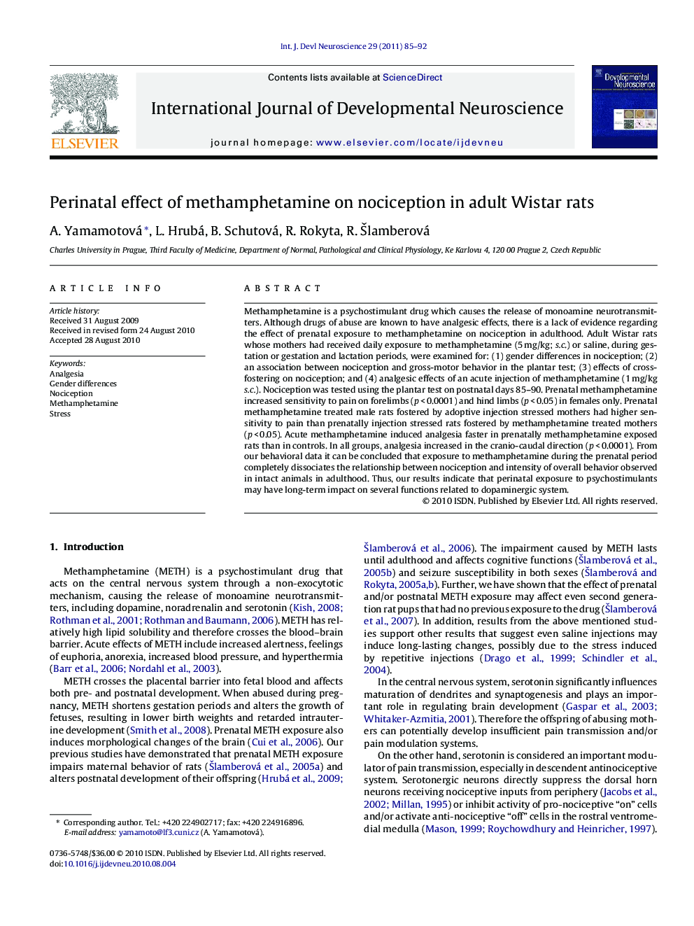 Perinatal effect of methamphetamine on nociception in adult Wistar rats