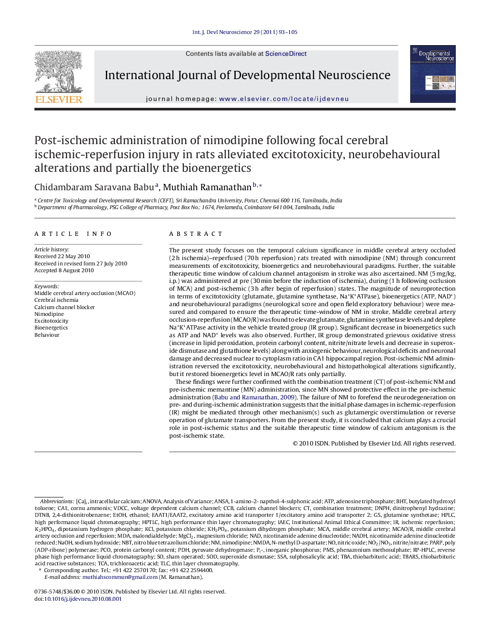 Post-ischemic administration of nimodipine following focal cerebral ischemic-reperfusion injury in rats alleviated excitotoxicity, neurobehavioural alterations and partially the bioenergetics