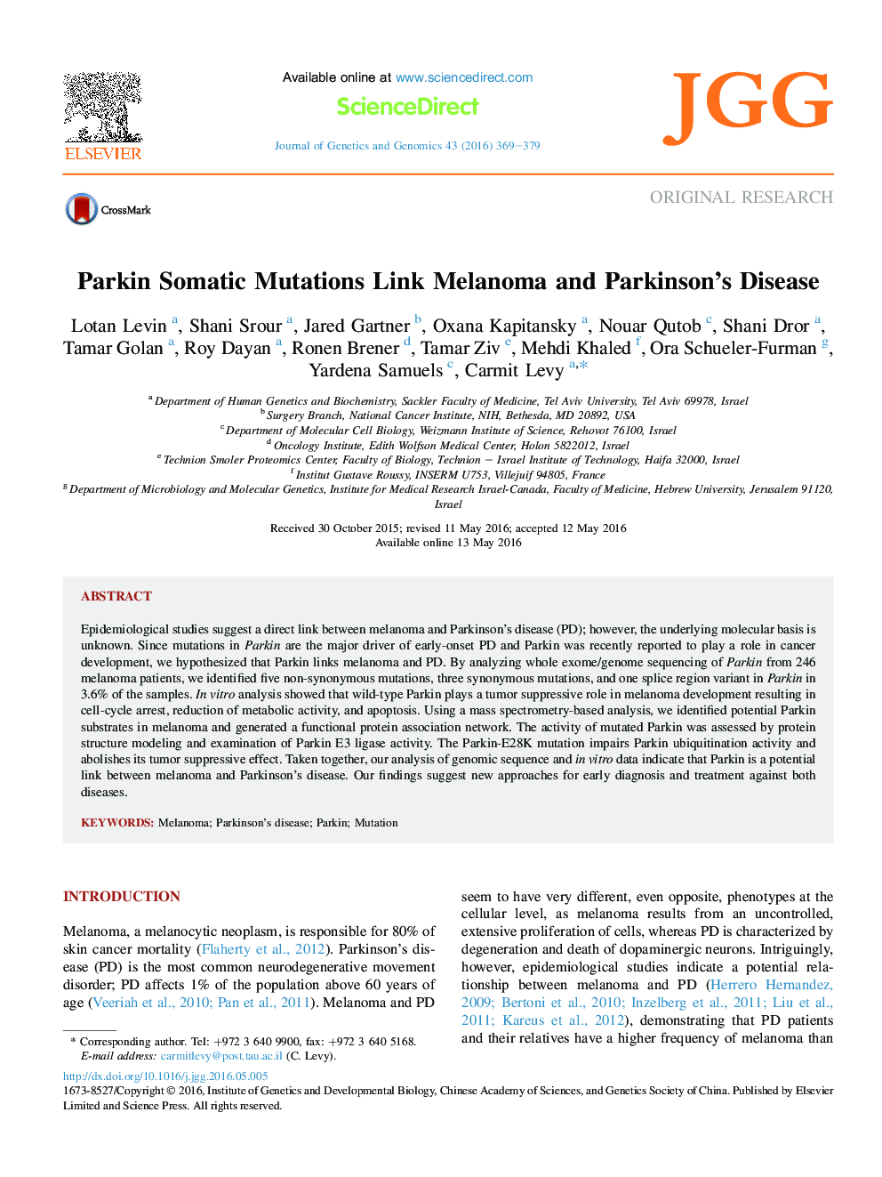 Original researchParkin Somatic Mutations Link Melanoma and Parkinson's Disease