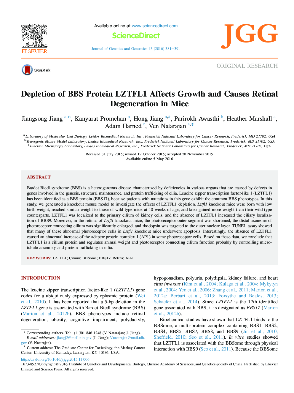عکس صفحه اول مقاله: Depletion of BBS Protein LZTFL1 Affects Growth and Causes Retinal Degeneration in Mice Depletion of BBS Protein LZTFL1 Affects Growth and Causes Retinal Degeneration in Mice