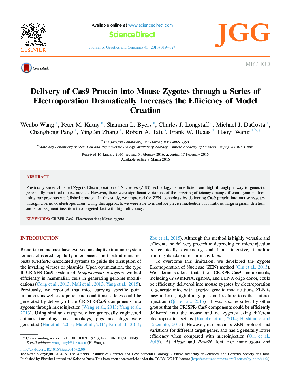 Delivery of Cas9 Protein into Mouse Zygotes through a Series of Electroporation Dramatically Increases the Efficiency of Model Creation